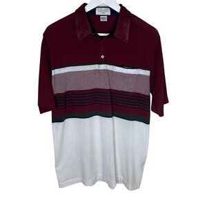 Vintage 70s 80s Men's Burgundy & Green Striped Polo Shirt, Size Large